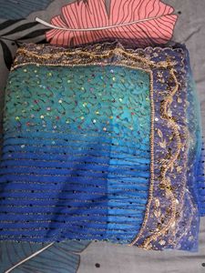 Ocean colored zari embroidered Sari
