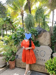 Orange Puff Sleeve / V Neck Midi Dress For Women