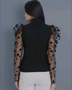 Elegant Black Top with Sheer Polka Dot Puff Sleeve