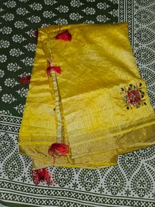 Yellow & Gold Sari with Red Tassel Detail
