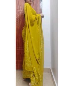 Sale 🌟🌟 bollywood OLIVE GREEN pure chiffon saree with embroidery work with readymade blouse, size : 36 | supersoft