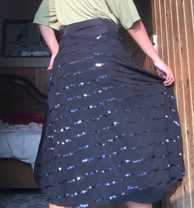 High Waist Long Black Skirt With Blue Sequence
