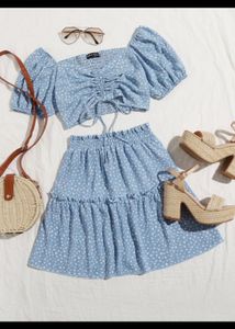 Floral Blue Crop Top And Skirt