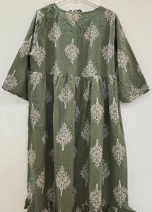 Green Print Cotton Dress/Kurta with Ruffle Hem
