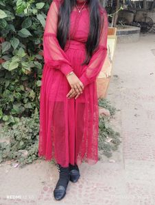 Burgundy Sheer Sleeve  Korean Mini Dress