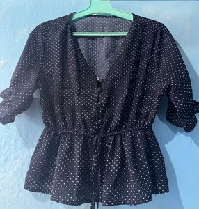 Navy Blue Polka Dot Peplum Top