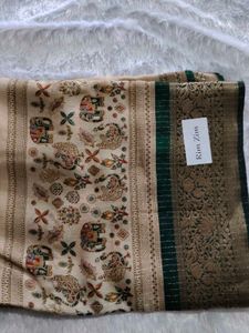 Elegant Beige &amp; Green Silk Saree