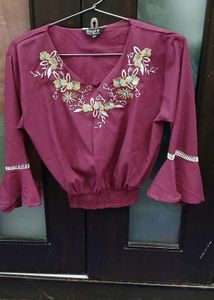Embroidered Maroon Top With Bell Sleeves