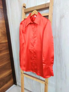 Red Satin Button-Down Shirt size-36-M