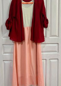 Peach Dress with Maroon Cardigan