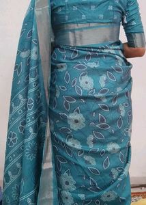 Teal Floral Print Saree With Blouse