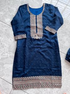 Navy Embroidered Kurti Set