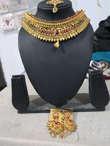 Gold-Tone Red Jewel Indian Bridal Jewelry Set