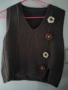 Brown Knit Vest with Floral Detail