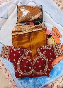 Golden Saree With Ready Partywear Blouse.