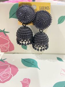 Black Beaded Jhumka Earrings