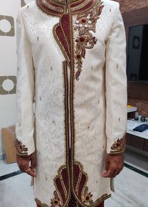 Men Sherwani Dhoti Stitched Set -Offwhite &amp; Maroon