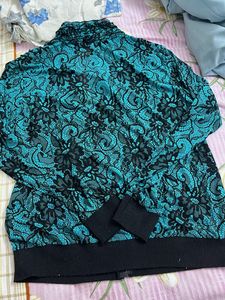 Lace Zip Up Goth Jacket Top Black &amp; Teal