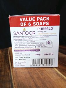 🆕Santoor PureGlo Glycerine Bath Soap with Almond Oil for moisturized, nourished and shining Skin, Combo Offer 125g Pack of 6