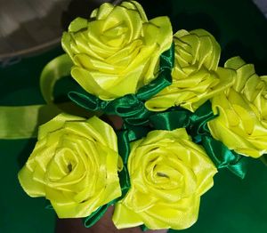 Ribbon Yellow Rose Flower, Pack Of 5