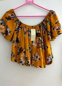 Berrylush Mustard Floral Printed Bardot Top