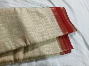 Elegant Cream &amp; Red Saree