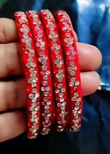 Red & Silver Crystal Bangles (Set of 4)
