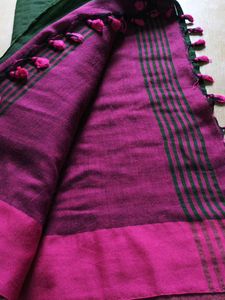 Green with Pink Tassels Linen Saree