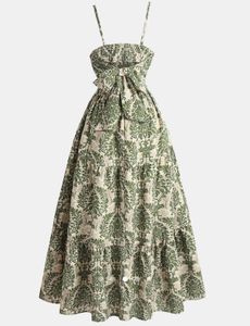 Green &amp; Beige Damask Tiered Maxi Dress Backless