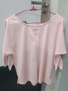Pink Colour Knotted Sleeved Regular Top