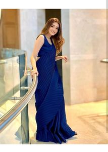 Crushed/Pleated Satin Blue Saree &amp; Blouse Set