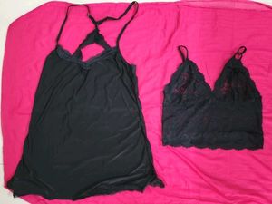 Black Satin &amp; Lace Camisole Set