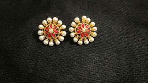 Pearl &amp; Red Flower Stud Earrings
