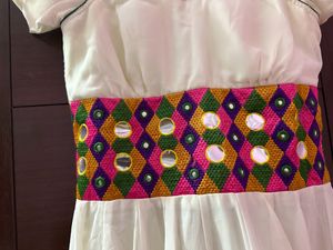 White Gher Dress Kurti With Colourful Border And Dori
