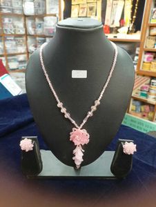 Pink Flower Necklace & Earring Set