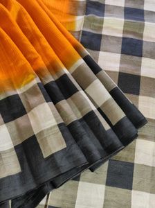 Checkered Saree With Orange Accent