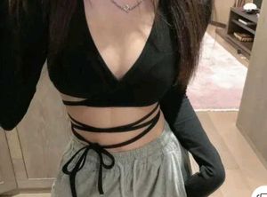Full Sleeves V Neck Black Crop Top