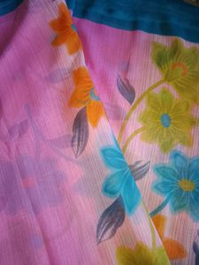 Chiffon Saree With Multicolour Flower Design.