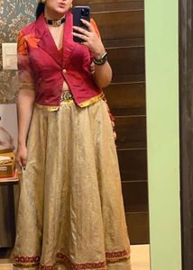 Designer Gold &amp; Maroon Banarasi Lehenga Set