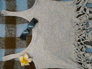 Gray Fringe Tank Top