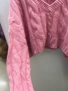 Cute Pink Cropped Cable Knit Sweater