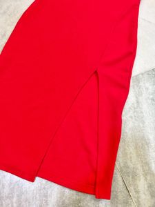 Red Square Neck Slit Dress