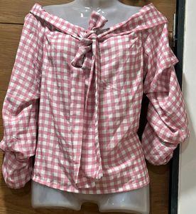 🩷Pink & White Checkered Off-Shoulder Bow Top🩷