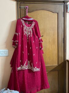 Handwork Hot Pink Three Piece Lehenga Set