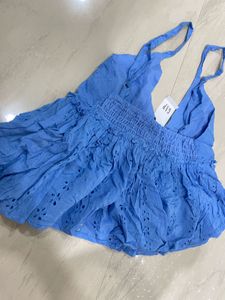 Blue Embroidered Ruffle Tank Top