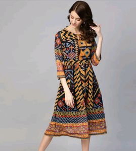 PlusS Navy Blue &amp; Yellow Geometric A-line Dress