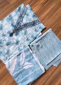 New Blue Unstitched Cotton V Neck  Dress Material