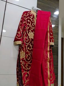 Red &amp; Gold Embroidered Velvet Coat