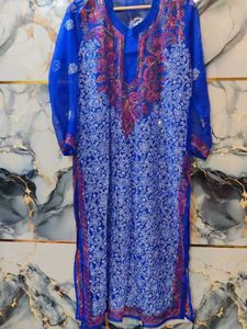 NEW Blue chikan Embroidered Kurta XL