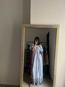 Blue Stripe Ruched Maxi With  Lace Cutwork Details